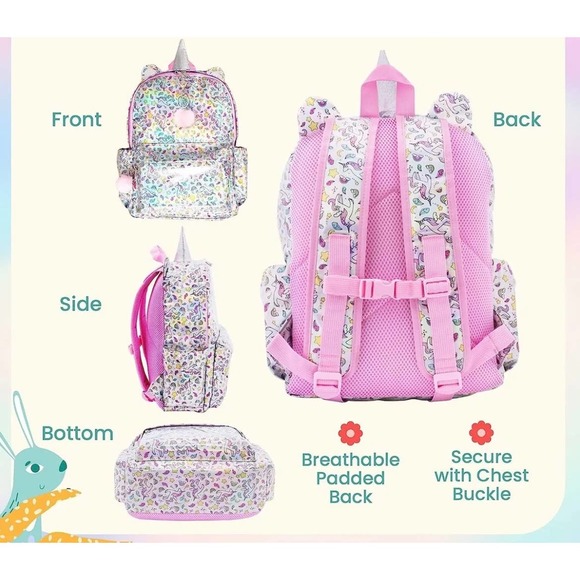 Ombu Girl's Unicorn Rainbow Stars Backpack Iridescent Fabric - Picture 8 of 8
